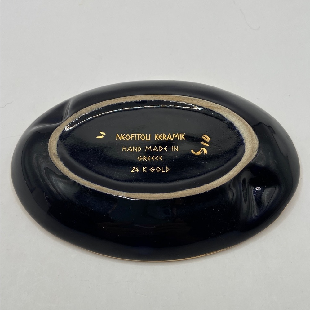 Vintage Handmade In Greece Neofitou Keramik Gloss Black Ashtray 24K Gold Trim - Picture 4 of 6